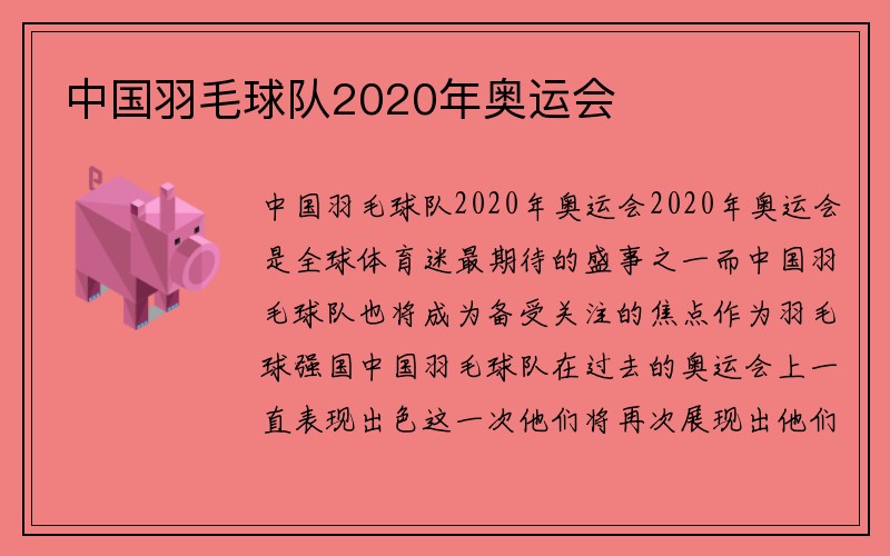 中国羽毛球队2020年奥运会